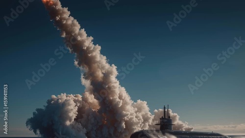 A submarine is in the water with a rocket launching from it. The rocket is in the air and the water is choppy