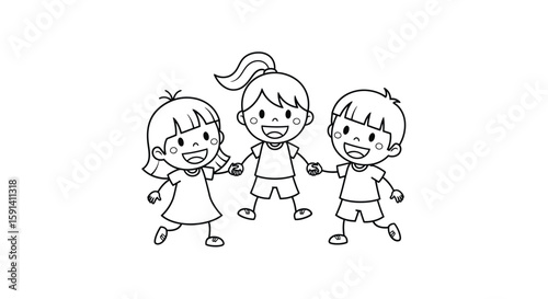 Friendship in Monochrome: Three smiling children, hand in hand, embodies the essence of friendship and joy, creating a scene of pure happiness.