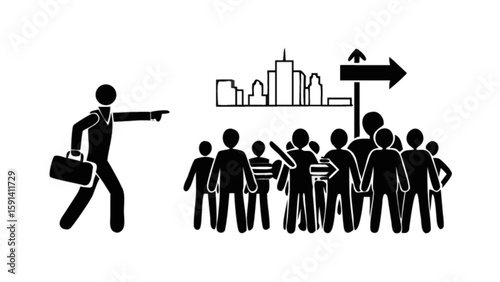 Leadership direction business strategy concept with leader pointing to future city growth and success