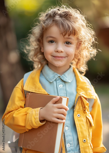 Happy Child with Book and School Backpack