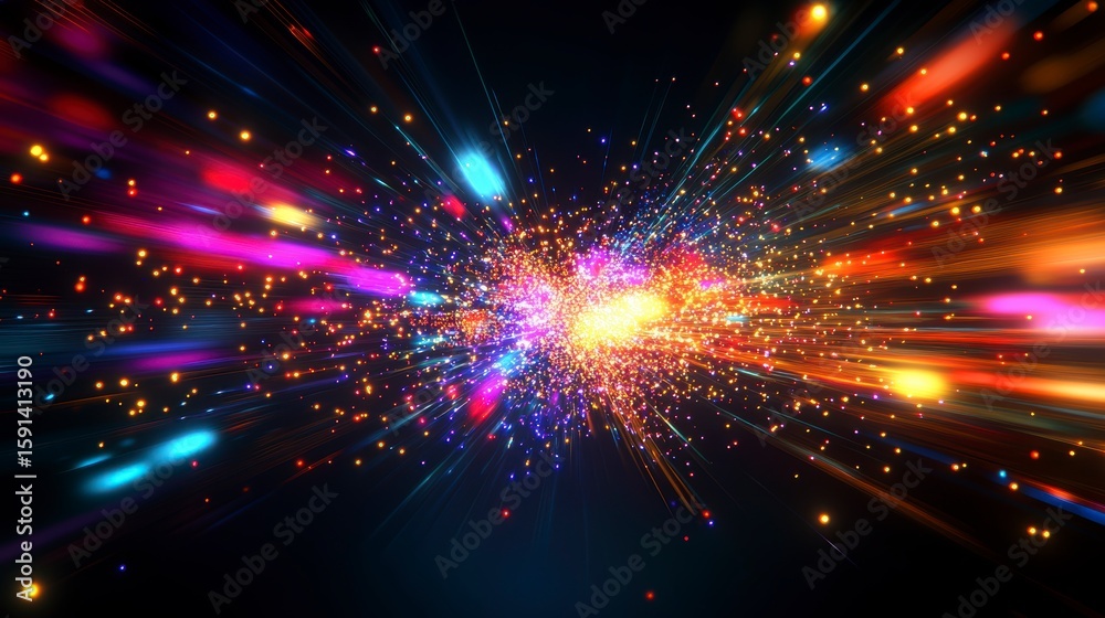 Obraz premium Colorful light streaks and particles explode from center, creating dynamic abstract background.