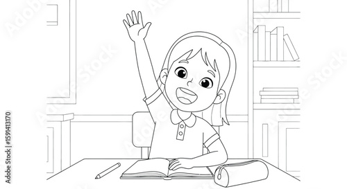 Eager Student Raising Hand in Classroom: A vibrant illustration capturing a young student raising her hand in a classroom, eager to participate and learn. 