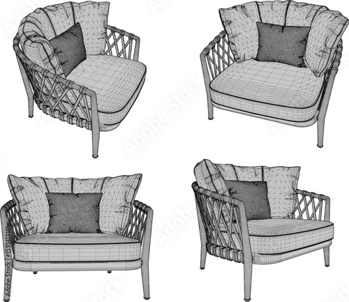 Vector sketch illustration of rattan chair design with modern traditional ethnic sofa seat 