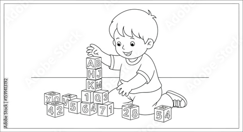 Kid's Block Tower: A smiling child joyfully stacks blocks, creating a tower and embodying early education and playful learning.