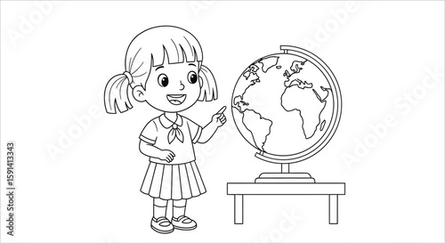 Globetrotter's Guide: A young student gazes at a globe, her finger pointing at a land mass, symbolizing a moment of geographical curiosity.
