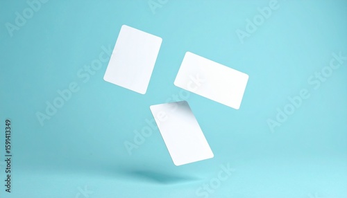 Floating blank white business cards for a corporate identity mockup. A minimalist 3D render of cards on a clean blue background for branding.