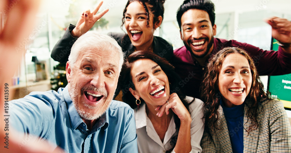 Fototapeta premium Selfie, smile and portrait of business people in office for about us, memory or company social media. Happy, team building and financial employees with photography picture POV for bonding together.