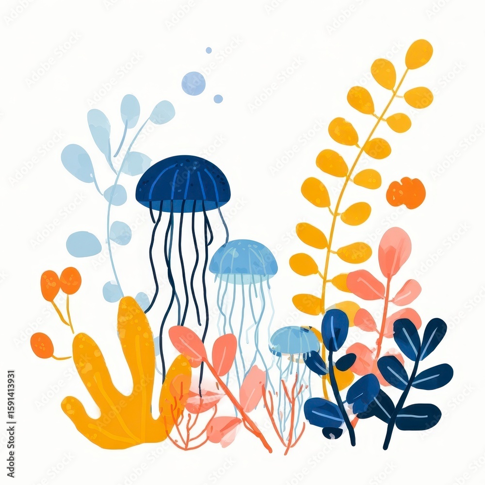Obraz premium Colorful Jellyfish and Aquatic Plants Illustration
