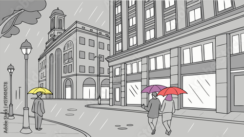 Rainy day city scene: grayscale sketch style illustration featuring people with umbrellas walking past elegant buildings, conveying a calm and melancholic mood.