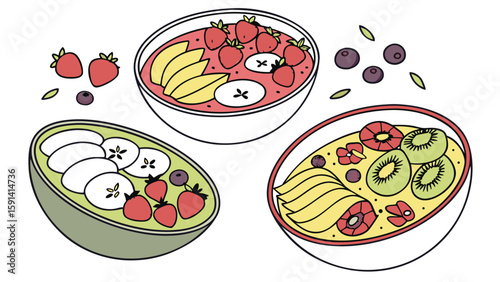 Illustration of three bowls filled with various fruits such as strawberries, kiwi, and bananas displayed