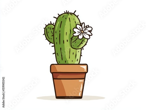Cute Green Cactus with White Flower in Terracotta Pot