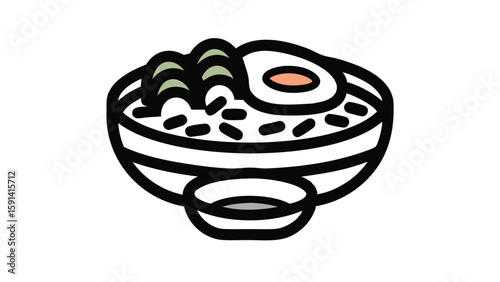 A bowl  ramen with toppings like seaweed and egg next to a small bowl  soy sauce on white background