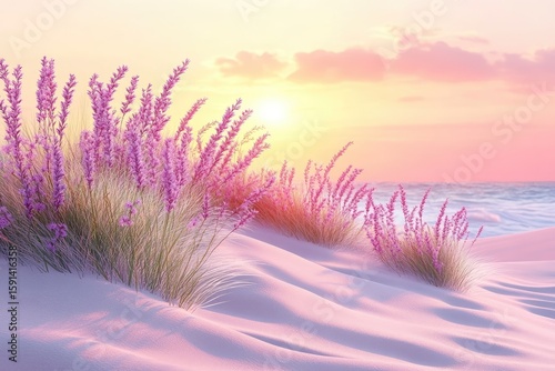 Pink sunset sky over beach with lavender and dunes
