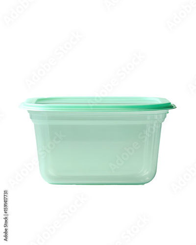 Clear food storage container with green lid on display