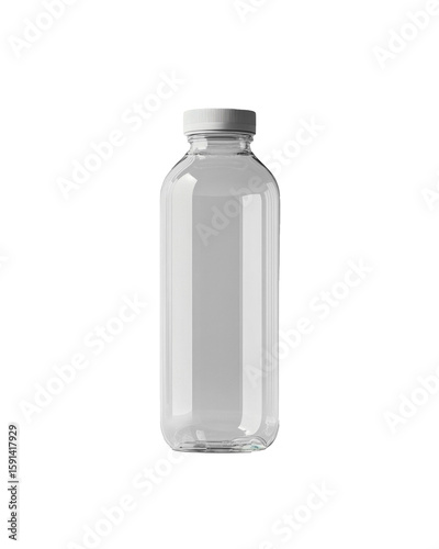 Clear glass bottle standing upright on a plain background