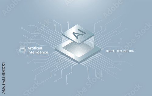 Artificial Intelligence Isometric Vector Banner, Deep Learning, Machine Learning,  AI Icons and AI Learning Machine, Technology background concept.