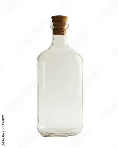Clear glass bottle with cork stopper on white background