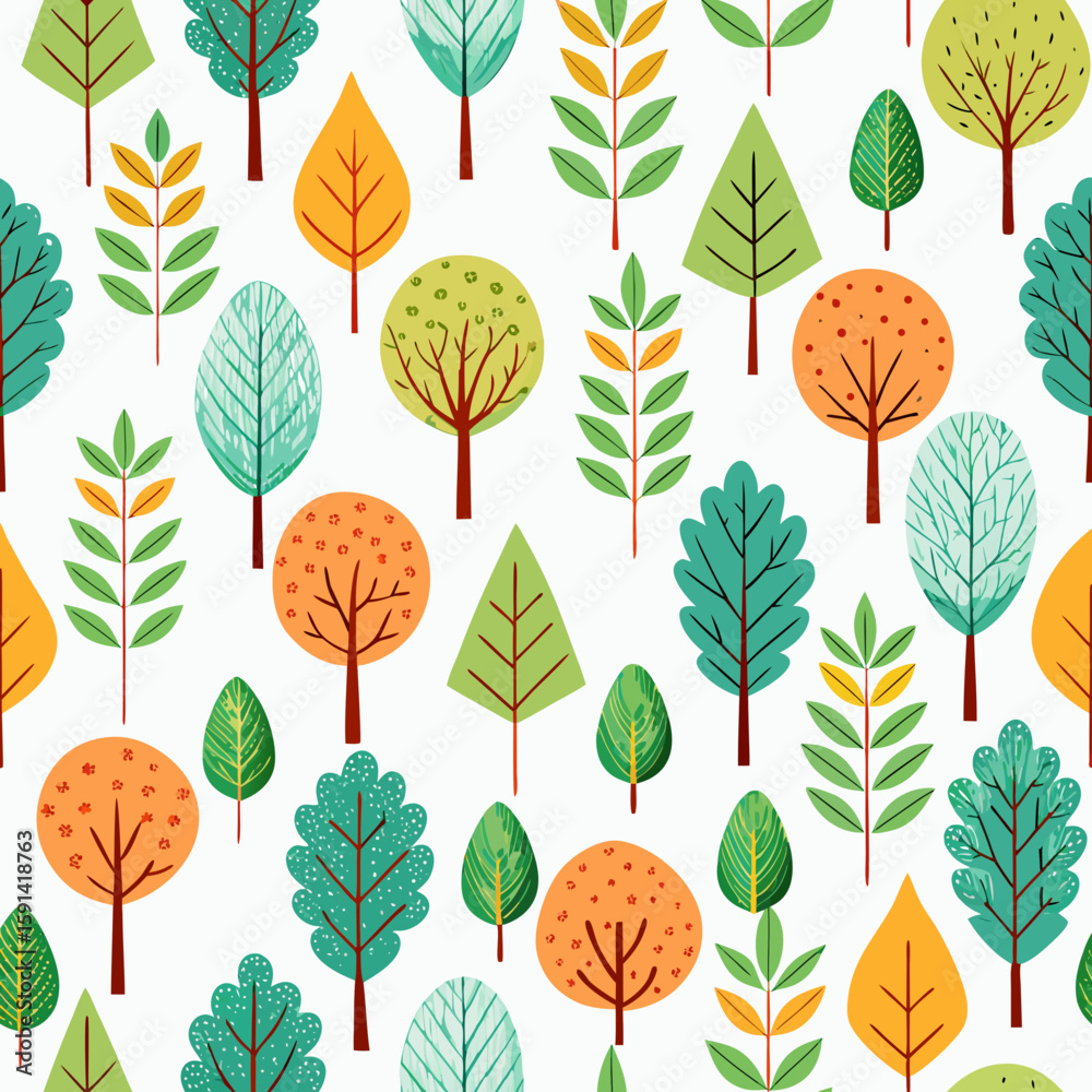 Obraz premium Seamless pattern of colorful cartoon trees isolated on white background