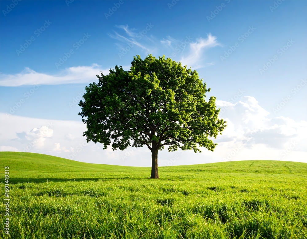 Obraz premium Lush green field with solitary tree under a clear sky