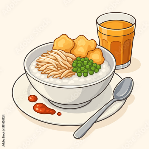Indonesian Chicken Rice Porridge with Condiments – Vector Illustration