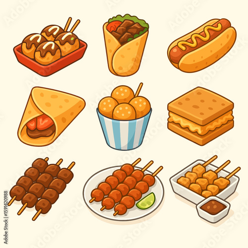 Street Food from Around the World – Flat Vector Icons