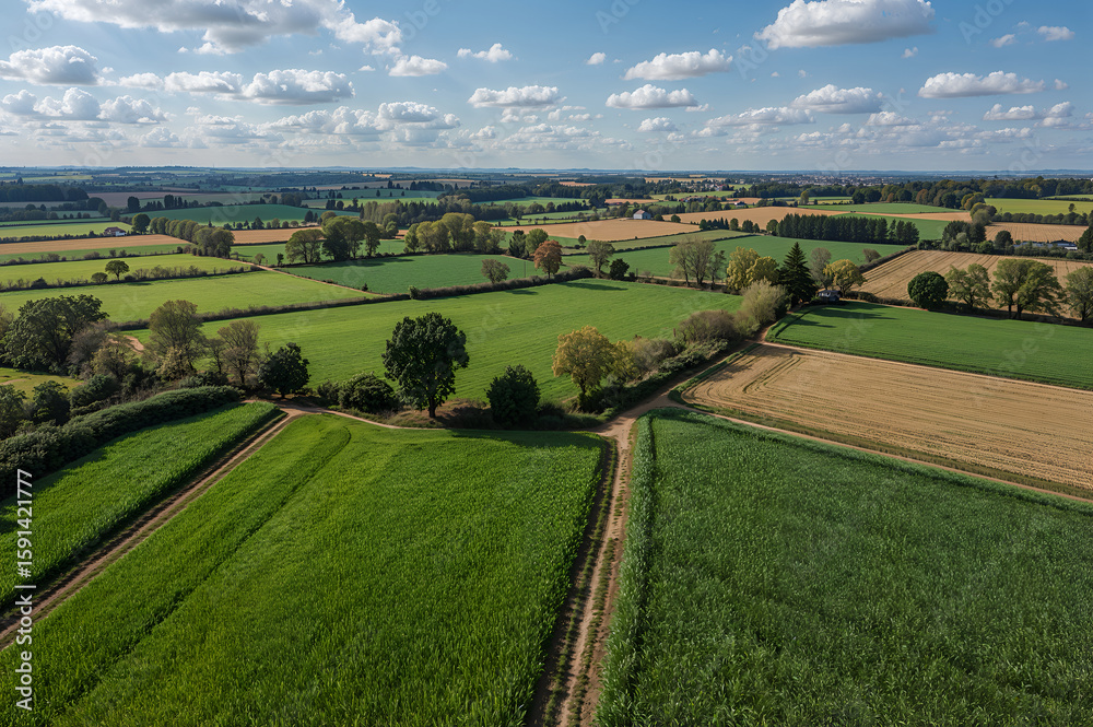 Obraz premium Aerial View of Lush Farmlands Under a Bright Blue Sky