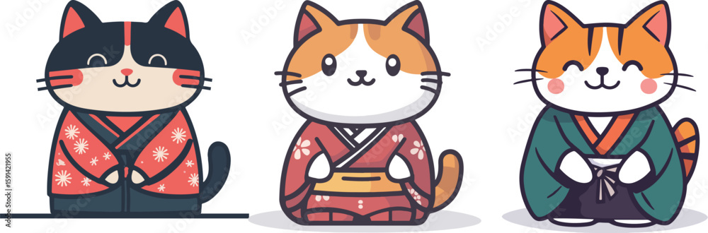 Obraz premium Cartoon cat illustration material wearing Japanese kimono 