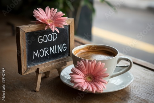 Good Morning Coffee with Pink Gerbera Daisies