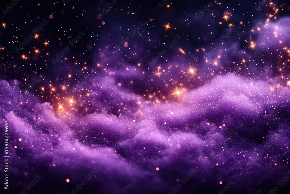 Fototapeta premium Ethereal purple clouds shimmer, scattered with starlight. Cosmic dust swirls in a celestial dance