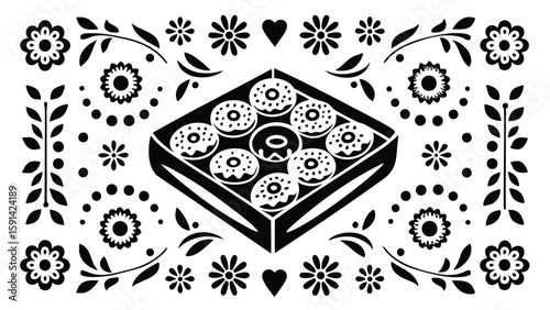 Black and white box  donuts surrounded by floral and heart motifs in a folk art style