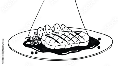 Grilled steak with potatoes and rosemary on a plate under spotlight in black and white drawing style