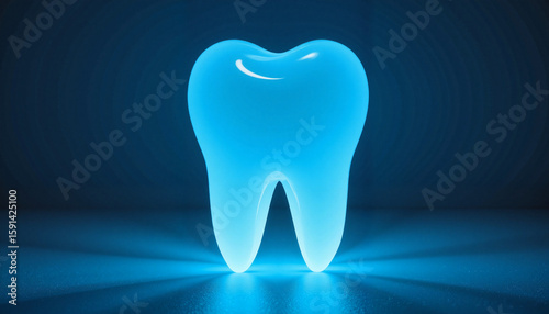 Glowing tooth sculpture on dark blue background for dental health concept and hygiene