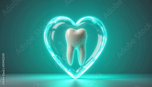 Tooth inside a glowing heart-shaped glass on teal background for dental care concept