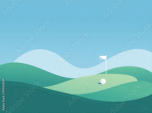 Minimalist Golf Course Illustration Green Hills Under Blue Sky