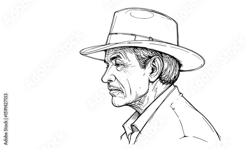 Elderly Man Line Art in Hat – Vintage Black and White Side Profile Sketch