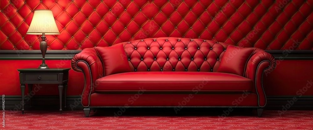 Fototapeta premium A lavish red sofa sits in front of a quilted wall, side table lamp adding ambience