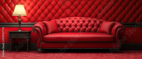 A lavish red sofa sits in front of a quilted wall, side table lamp adding ambience