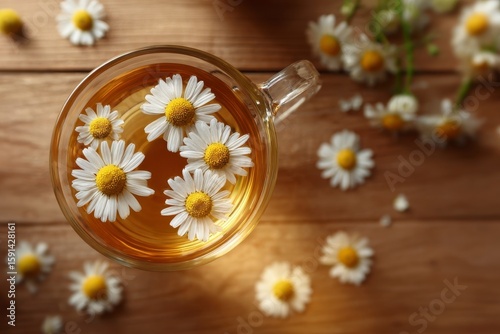 Overhead View of Chamomile Tea with Flowers on Wooden Surface