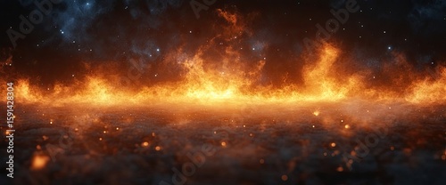 Fiery horizon with smoke & flames. Blueish clouds add contrast. Sparks float within misty underbelly