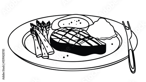steak dinner with asparagus, mashed potatoes, and gravy on a white plate with fork