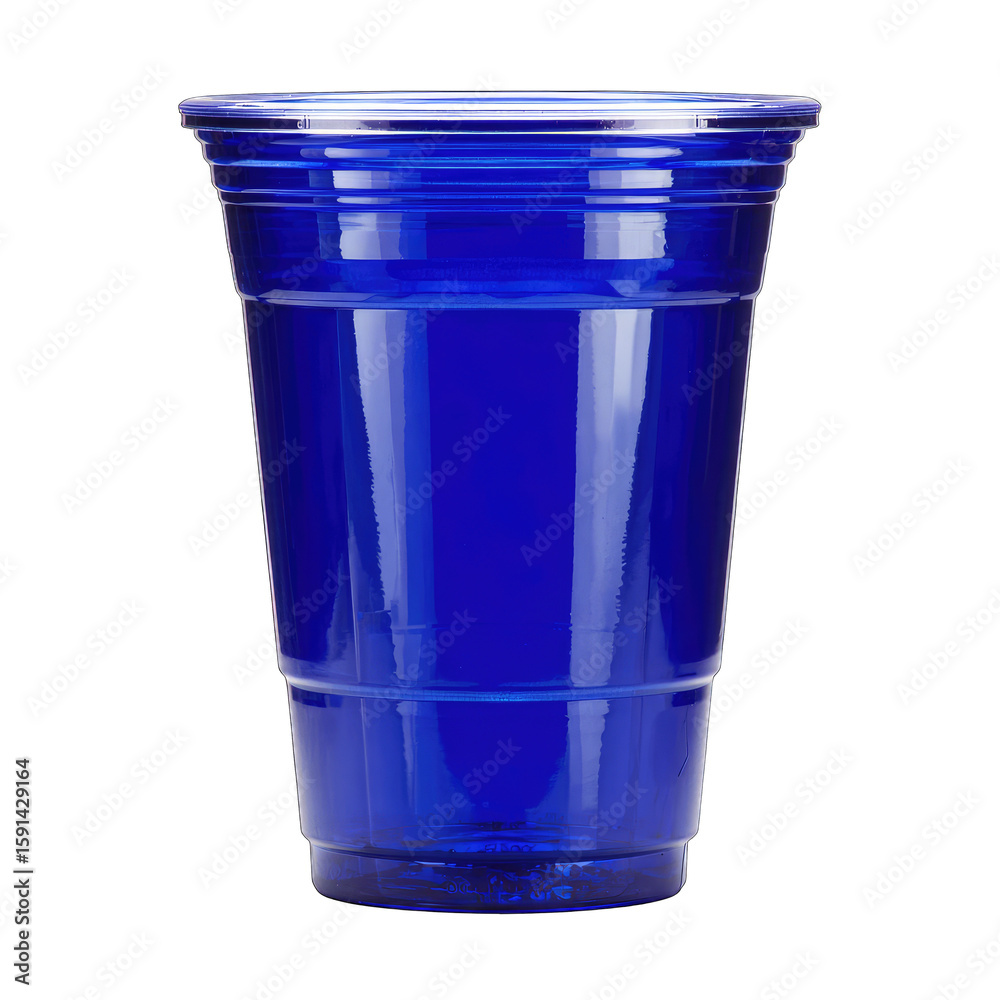 A vibrant blue plastic cup, smooth and cylindrical, sits against a stark white background A vibrant blue plastic cup, smooth and cylindrical, sits against a stark white background