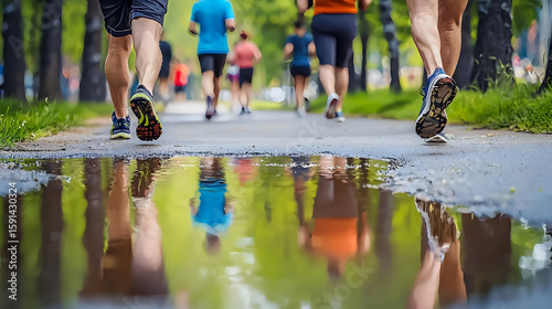 Runners in a park on a wet paved path.  Reflective puddle shows runners' legs.  Group exercise in nature
