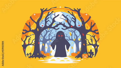 A spooky ghost with red eyes stands in a forest with bare trees and pumpkins on an orange background
