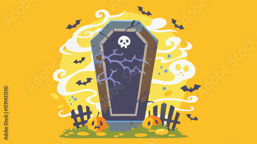 Halloween scene featuring a tombstone with skull, pumpkins, bats, and spooky ghost swirls