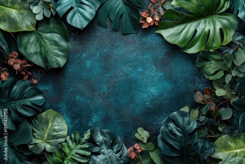 A vibrant arrangement of green leaves surrounding a dark teal textured background