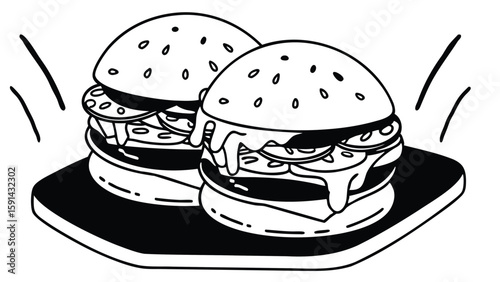  two hamburgers with sesame seed buns and dripping cheese on a black serving plate