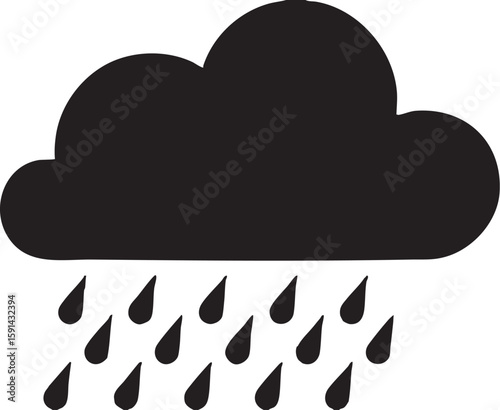 Simple black silhouette of a dark rain cloud with falling raindrops against a clean white background representing weather