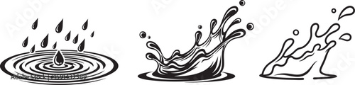 Three dynamic black and white illustrations of water splashes and rain drops creating ripples on a flat surface