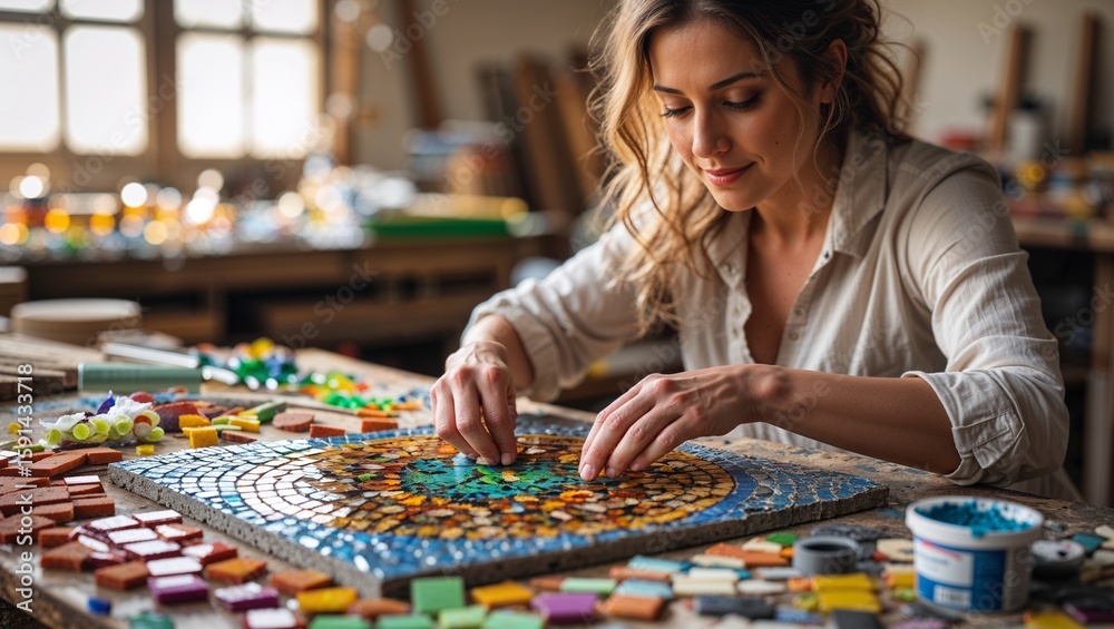 Fototapeta premium Female Mosaic Artist, hobby ffor adults, Focused female mosaic artist assembling colorful tiles in bright artisan workshop