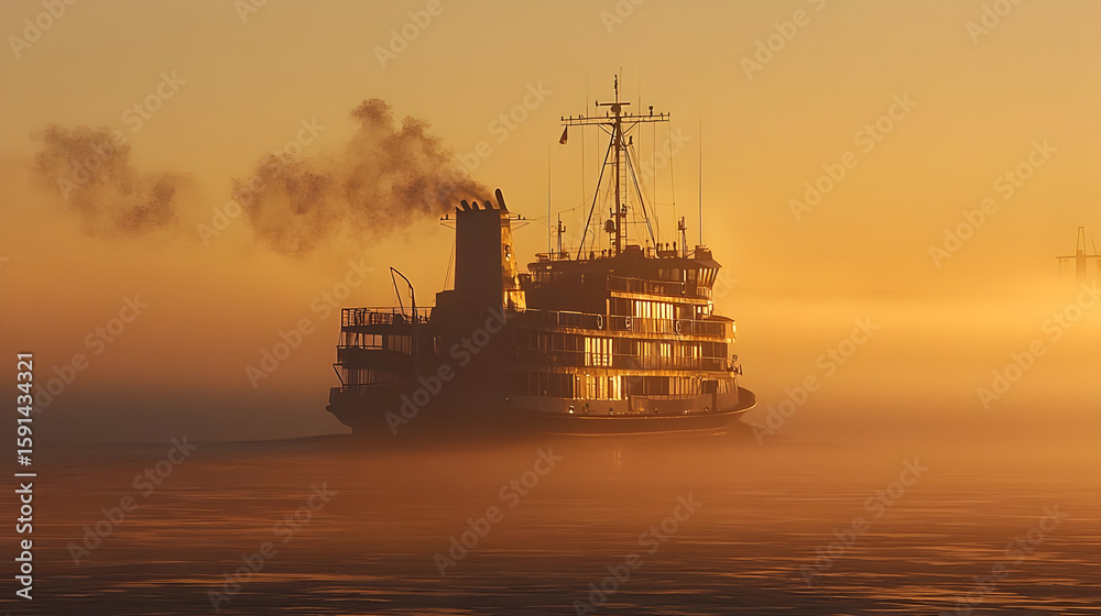Fototapeta premium Large vessel steaming through a golden sunrise mist. Smoke billows from its stack, a calm sea surrounds it